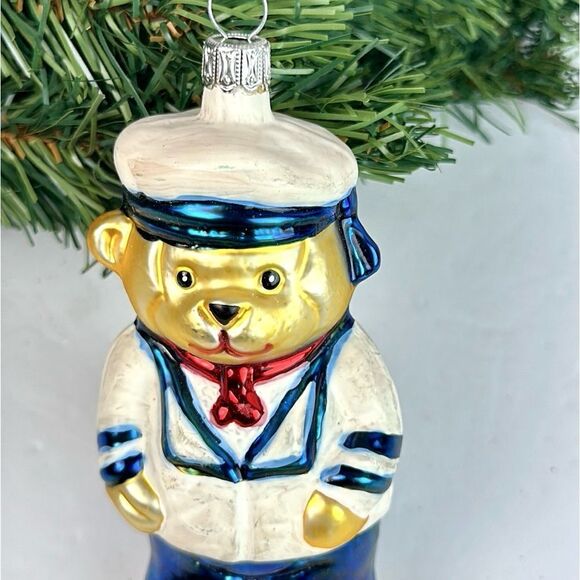 Navy Teddy Bear Glass Christmas Ornament made in Germany Hand Painted - Picture 3 of 9
